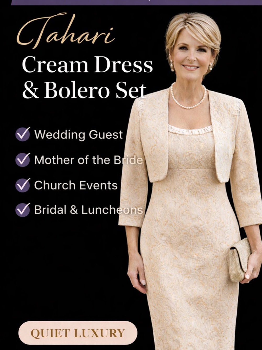 Tahari Cream Jacquard Dress & Bolero Jacket Wedding Guest Mother of Bride Sz 2